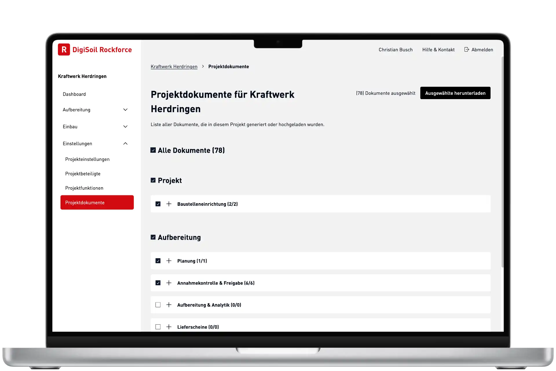 Rockforce – Projektdokumente exportieren